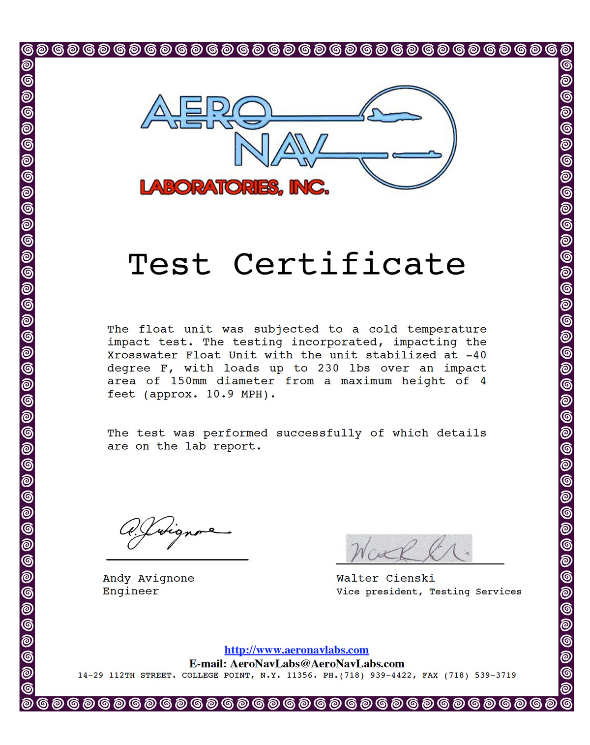 Certificado de teste Aero NAV